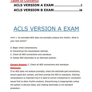May include: A white document with the title "ACLS VERSION A EXAM" and a table of contents. The document includes a question about an AED and multiple-choice answers. The correct answer is highlighted.