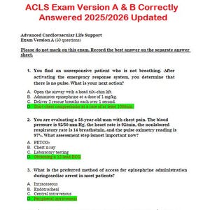 May include: A printed ACLS exam on white paper. The title reads "ACLS Exam Version A & B Correctly Answered 2025/2026 Updated." The exam includes multiple-choice questions about advanced cardiovascular life support.