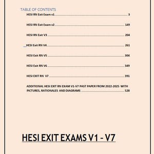 以下が含まれることがあります： HESI Exit Exams V1-V7 の目次が記載されたドキュメント。試験バージョンとページ番号がリストされており、「Additional HESI Exit RN Exam V1-V7 Past Paper from 2022-2025 with Pictures, Rationales and Diagrams」も含まれています。