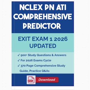 Puede incluir: Gráfico azul y blanco con el texto "NCLEX PN ATI COMPREHENSIVE PREDICTOR". También incluye "EXIT EXAM 1 2026 UPDATED" y detalles sobre preguntas de estudio, ciclos de exámenes y una guía de estudio completa. Un botón rojo "Descargar" está en la parte inferior.