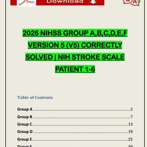 May include: A PDF document with a red and white header that says "Download". The document title is "2026 NIHSS GROUP A,B,C,D,E,F VERSION 5 (V5) CORRECTLY SOLVED | NIH STROKE SCALE PATIENT 1-6". A table of contents is also visible.