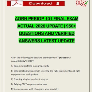 Op de afbeelding: Een PDF-document met de titel "AORN PERIOP 101 FINAL EXAM ACTUAL 2026 UPDATE | 950+ QUESTIONS AND VERIFIED ANSWERS LATEST UPDATE". Het bevat examen vragen en antwoorden over professionele verantwoordelijkheid.