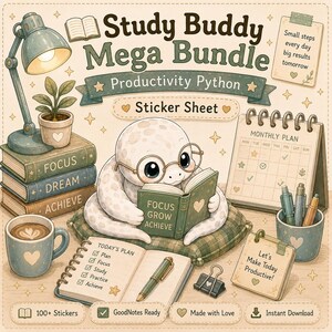 Arkusz naklejek „Study Buddy Python” do GoodNotes | Produktywność Python BEL | Kawaii Study Snake PNG | Urocze naklejki do planera do pobrania w wersji cyfrowej
