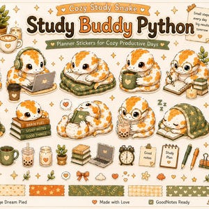 Cartela de adesivos Study Buddy Python para GoodNotes | Orange Dream Pied (OD) | Cobra Kawaii dos Estudos PNG | Adesivos fofos para planner - Download digital