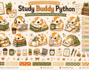 Study Buddy Python Sticker Sheet for GoodNotes | Orange Dream Pied (OD) | Kawaii Study Snake PNG | Cute Planner Stickers Digital Download
