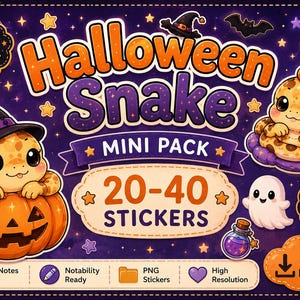 Può includere: Un pacchetto di adesivi digitali a tema Halloween con il testo "Halloween Snake Mini Pack" e "20-40 Stickers". L'immagine presenta serpenti dei cartoni animati, zucche, un fantasma e un cappello da strega, in tonalità viola e arancione.