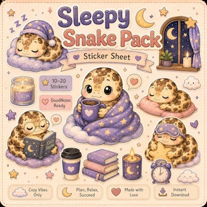Könnte beinhalten: Ein Stickerbogen mit dem Titel "Sleepy Snake Pack" zeigt Cartoon-Schlangen in verschiedenen gemütlichen Umgebungen. Die Illustrationen zeigen eine Schlange mit Nachtmütze, die liest und in eine Decke gehüllt ist. Weitere Elemente sind Kerzen, Bücher und eine Kaffeetasse.