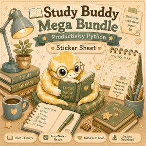 May include: A digital illustration featuring a cartoon snake reading a book, surrounded by study-related items. The image includes books, a lamp, and a planner. Text includes "Study Buddy Mega Bundle" and "100+ Stickers."