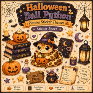 Könnte beinhalten: Ein Halloween-Stickerbogen mit einer Cartoon-Kugelpython, die einen Hexenhut trägt und einen Kürbis hält. Enthält Kürbisse, Sterne, Monde, Kerzen und den Text "Halloween Ball Python Planner Sticker Themes".