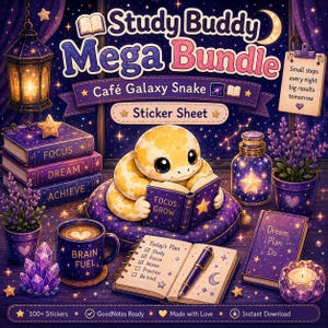May include: Digital illustration of a study bundle featuring a cartoon snake reading a book. The image includes books, a coffee mug, a journal, and the text "Study Buddy Mega Bundle" and "Sticker Sheet."