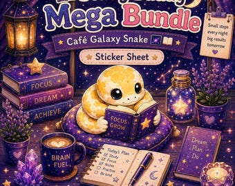 Feuille d'autocollants Study Buddy Python pour GoodNotes | Galaxie serpent banane | Serpent d'étude Kawaii PNG | Joli planificateur autocollants en téléchargement numérique