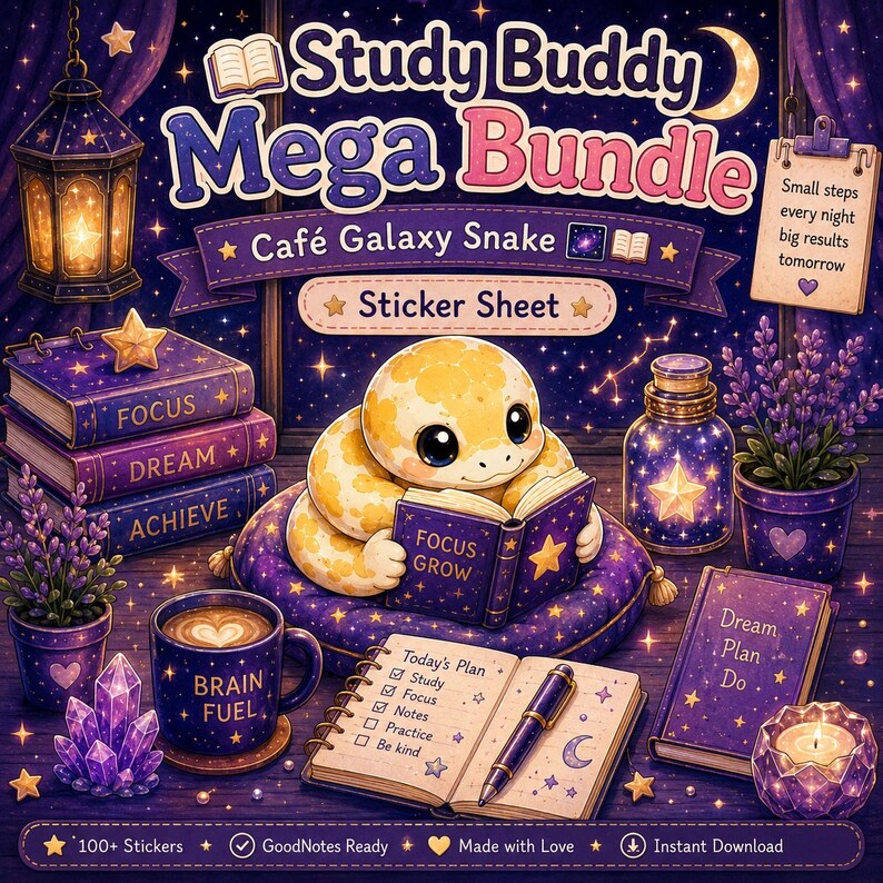 Op de afbeelding: Digitale illustratie van een studiebundel met een cartoon slang die een boek leest. De afbeelding bevat boeken, een koffiemok, een dagboek en de tekst "Study Buddy Mega Bundle" en "Sticker Sheet."