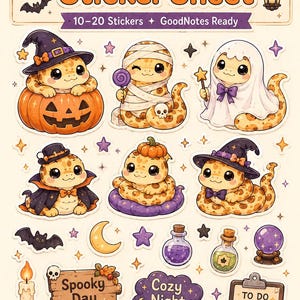 Può includere: Un foglio di adesivi a tema Halloween con la scritta "Spooky Sticker Sheet". Gli adesivi presentano simpatici serpenti dei cartoni animati in costume, zucche, pipistrelli e altri elementi spettrali. Include il testo "Spooky Day", "Cozy Night" e "To Do".
