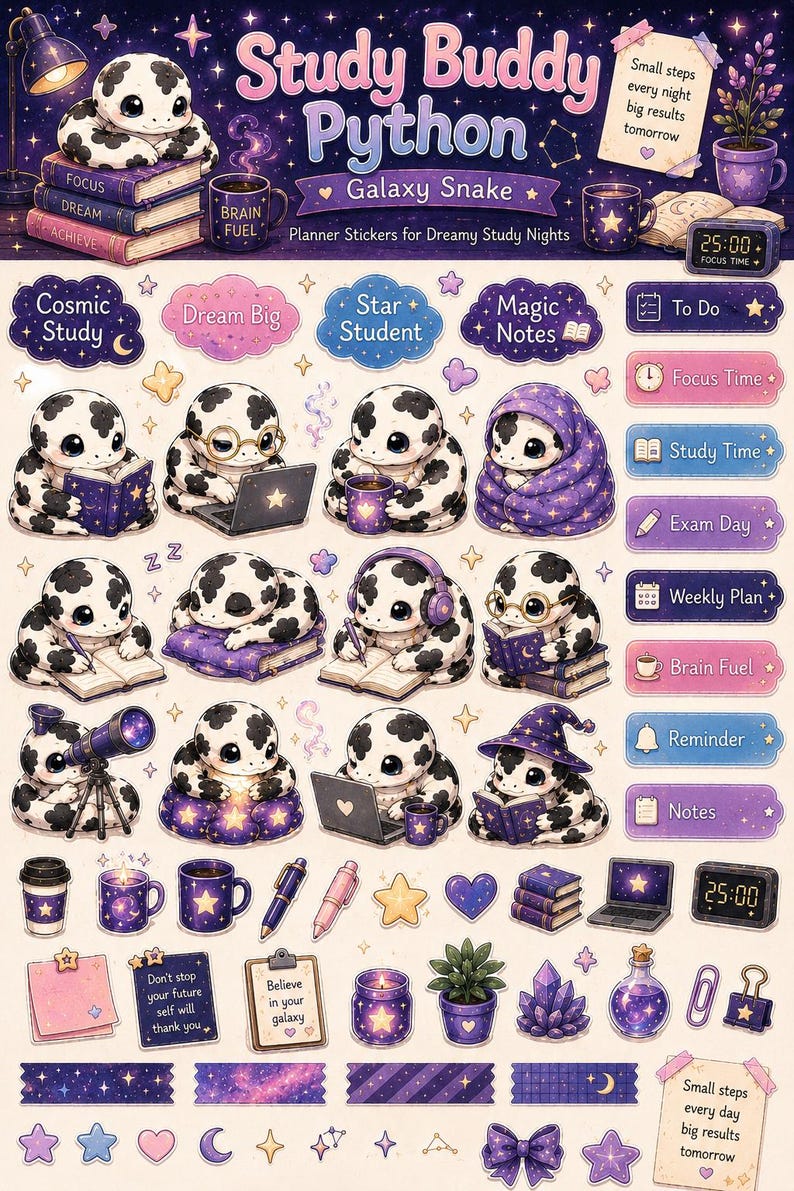 Study Buddy Python-klistermärkesark för GoodNotes | Galaxy Snake Panda | Kawaii Study Snake PNG | Söta planerklistermärken digital nedladdning bild 2