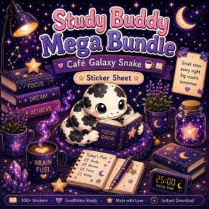 May include: Digital sticker sheet bundle with a galaxy theme. Features a cute snake reading a book, stacks of books, coffee, and a planner. Text includes "Study Buddy Mega Bundle", "Cafe Galaxy Snake", and "Focus Time".