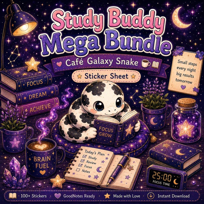 Study Buddy Python-klistermärkesark för GoodNotes | Galaxy Snake Panda | Kawaii Study Snake PNG | Söta planerklistermärken digital nedladdning bild 1