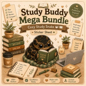 Study Buddy Python Sticker Sheet for GoodNotes | Cozy Study Snake Black | Kawaii Study Snake PNG | Cute Planner Stickers Digital Download