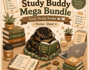 Study Buddy Python Sticker Blatt für GoodNotes | Gemütliche Studie Schlange Schwarz | Kawaii Studie Schlange PNG | Niedliche Planer Sticker Digital Download