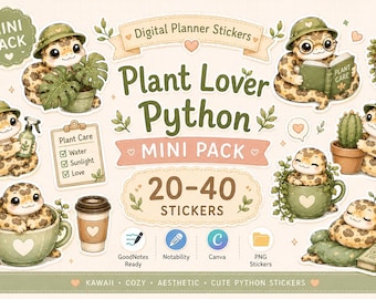 Adesivi per agenda a tema pitone per amanti delle piante per GoodNotes / Serpente botanico kawaii PNG / Mini pacchetto accogliente