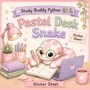 Study Buddy Python Sticker Sheet for GoodNotes | Pastel Desk Snake | Cute Planner Stickers Digital Download