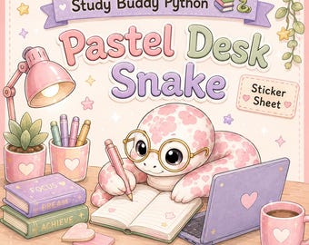 Study Buddy Python Sticker Sheet for GoodNotes | Pastel Desk Snake | Cute Planner Stickers Digital Download