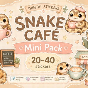 Può includere: Un set di adesivi digitali con simpatici serpenti dei cartoni animati in un'ambientazione da caffè. Gli adesivi mostrano serpenti con caffè, croissant e libri. Il testo "Snake Café" e "Mini Pack" è visibile.