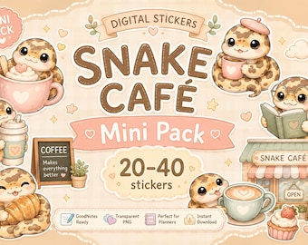Adesivi per agenda Ball Python Café per GoodNotes / Serpente Kawaii Cozy PNG / Mini pacchetto pastello