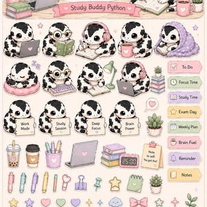 Study Buddy Python Sticker Blatt für GoodNotes | Pastell Schreibtisch Schlange | Niedliche Planer Sticker Digital Download Bild 2