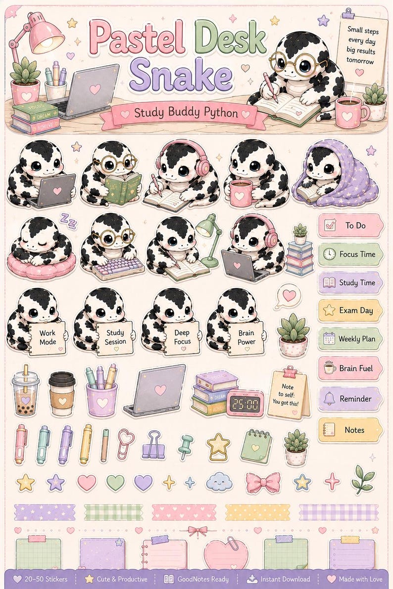 Study Buddy Python Sticker Blatt für GoodNotes | Pastell Schreibtisch Schlange | Niedliche Planer Sticker Digital Download Bild 2