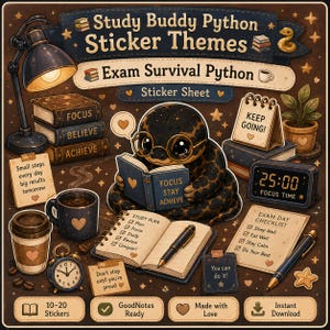 Study Buddy Python Sticker Sheet for GoodNotes | Exam Survival Python black | Cute Planner Stickers Digital Download