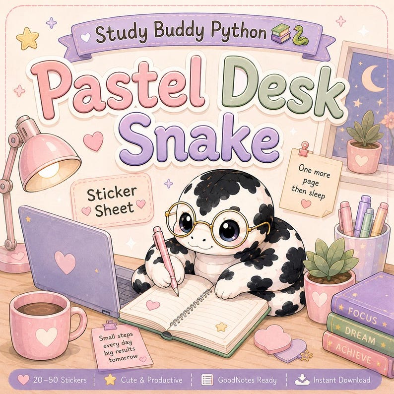 Study Buddy Python Sticker Blatt für GoodNotes | Pastell Schreibtisch Schlange | Niedliche Planer Sticker Digital Download Bild 1