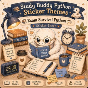Study Buddy Python Sticker Sheet for GoodNotes | Exam Survival Python bel | Cute Planner Stickers Digital Download