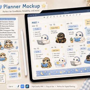 Pu&ograve; includere: Mockup di pianificatore digitale con un tablet che mostra un calendario di maggio, adesivi e uno stilo. Il pianificatore include simpatici personaggi di serpenti dei cartoni animati ed elementi decorativi. Il set include 32 adesivi di personaggi, 24 adesivi funzionali e altro.