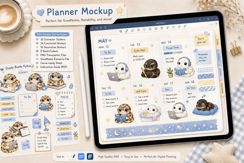 Pu&ograve; includere: Mockup di pianificatore digitale con un tablet che mostra un calendario di maggio, adesivi e uno stilo. Il pianificatore include simpatici personaggi di serpenti dei cartoni animati ed elementi decorativi. Il set include 32 adesivi di personaggi, 24 adesivi funzionali e altro.