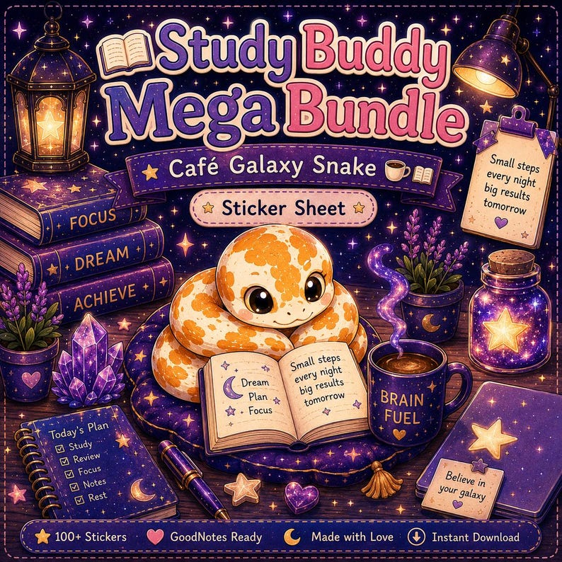 Peut inclure: Illustration num&eacute;rique d'un "Study Buddy Mega Bundle" sur le th&egrave;me de la galaxie. Elle pr&eacute;sente un serpent de dessin anim&eacute;, des livres et des autocollants. L'image a des accents violets et dor&eacute;s. Le texte comprend "Caf&eacute; Galaxy Snake", "Dream, Plan, Focus" et "Brain Fuel".