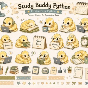 Study Buddy Python Sticker Sheet for GoodNotes | Productivity Python Banana| Kawaii Study Snake PNG | Cute Planner Stickers Digital Download
