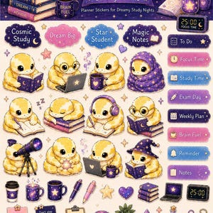 Op de afbeelding: Een vel plannerstickers met een cartoon slang die studeert. De stickers hebben een galaxy thema met tekst als "Study Buddy Python", "Cosmic Study" en "Dream Big". Inclusief stickers voor "Focus Time" en "To Do".