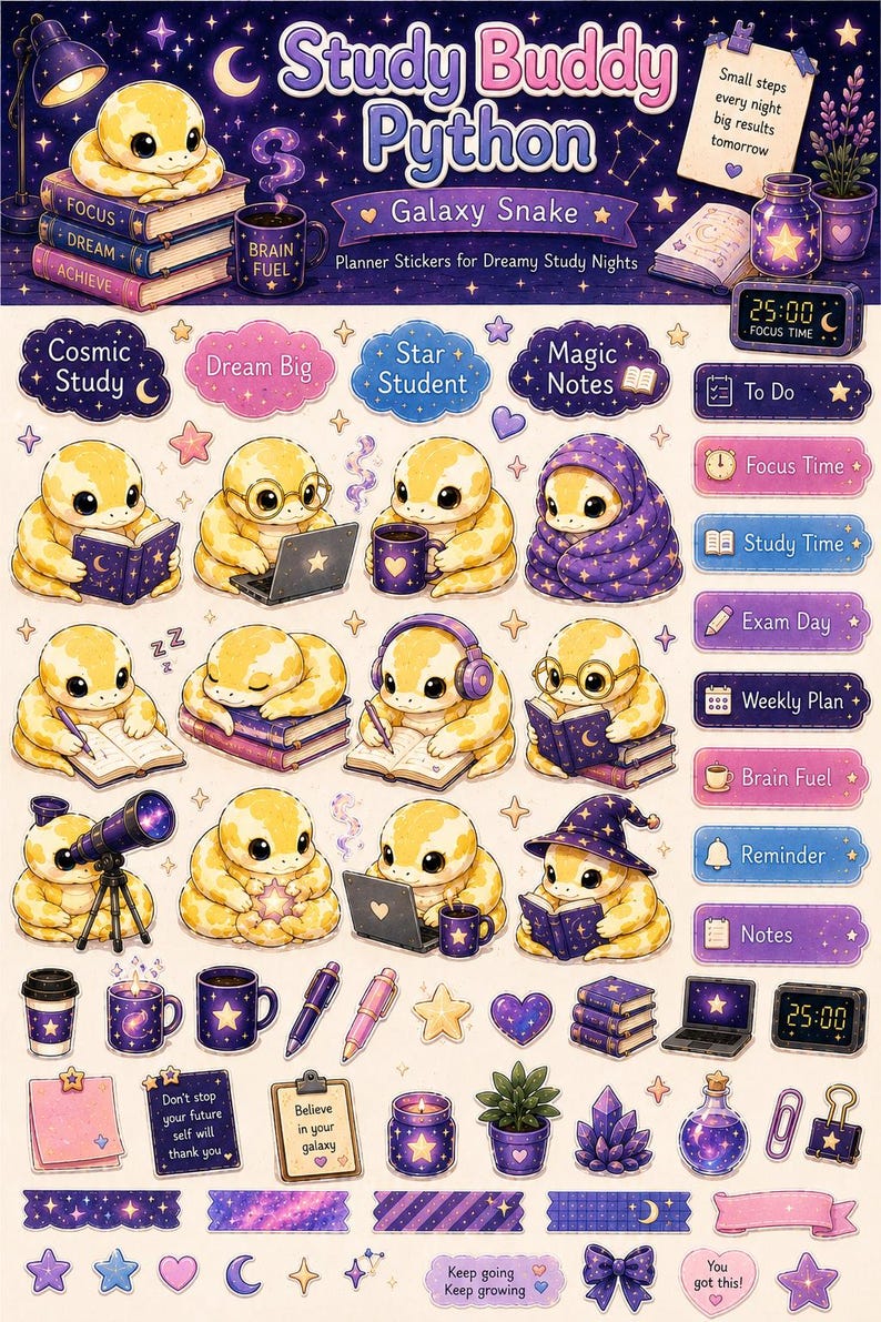 Op de afbeelding: Een vel plannerstickers met een cartoon slang die studeert. De stickers hebben een galaxy thema met tekst als "Study Buddy Python", "Cosmic Study" en "Dream Big". Inclusief stickers voor "Focus Time" en "To Do".