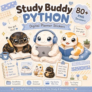 Pu&ograve; includere: Adesivi per planner digitale con simpatici pitoni palla dei cartoni animati. L'immagine include il testo "Study Buddy PYTHON" e "Digital Planner Stickers". Gli adesivi presentano vari disegni, tra cui un serpente con le cuffie e un tablet, e un serpente che legge un libro.