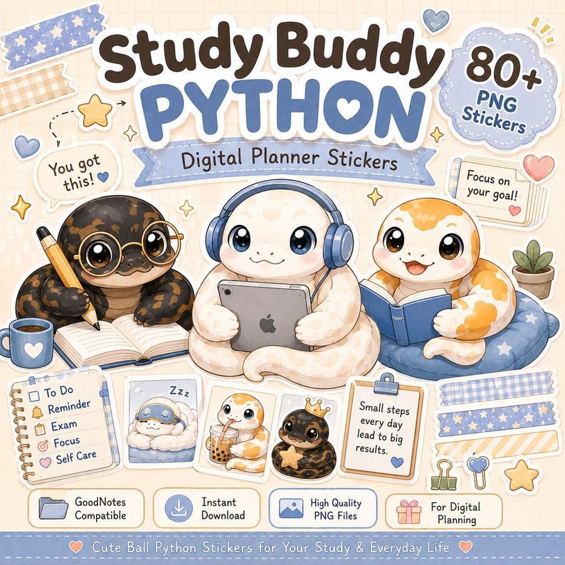 Pu&ograve; includere: Adesivi per planner digitale con simpatici pitoni palla dei cartoni animati. L'immagine include il testo "Study Buddy PYTHON" e "Digital Planner Stickers". Gli adesivi presentano vari disegni, tra cui un serpente con le cuffie e un tablet, e un serpente che legge un libro.