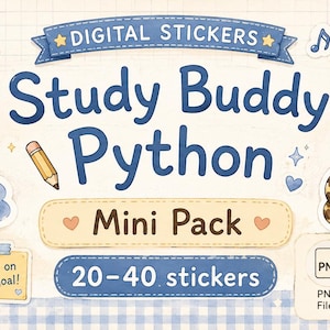 Può includere: Pacchetto di adesivi digitali con il testo "Study Buddy Python" e illustrazioni di una tartaruga dei cartoni animati. Gli adesivi mostrano la tartaruga che studia, con una matita, un libro e un computer portatile. Il pacchetto include 20-40 adesivi.