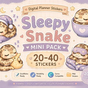 Può includere: Adesivi per planner digitale con un tema di serpente assonnato. Le illustrazioni mostrano un serpente con un cappello da notte, in una tazza e con una maschera per dormire. Gli adesivi sono etichettati "Sleepy Snake Mini Pack" con 20-40 adesivi.