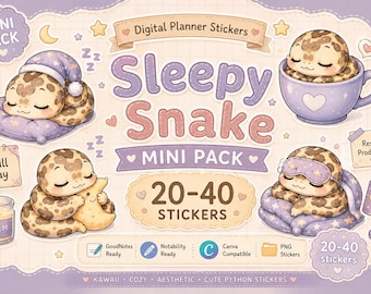 Adesivi per agenda con serpente assonnato per GoodNotes / Pitone reale Kawaii accogliente PNG / Mini pacchetto pastello