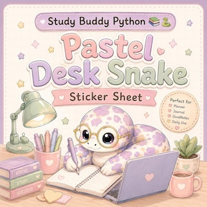 Könnte beinhalten: Ein pastellfarbenes Stickerbogen mit einer Cartoon-Schlange, die eine Brille trägt und in ein Notizbuch schreibt. Der Text lautet "Pastel Desk Snake Sticker Sheet" und "Study Buddy Python". Weitere Elemente sind ein Laptop, Bücher und eine Schreibtischlampe.