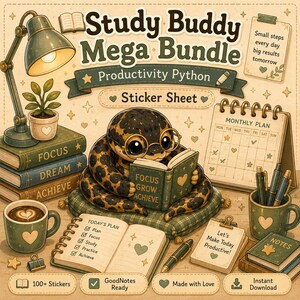 Arkusz naklejek „Study Buddy Python” do GoodNotes | Produktywność Python Czarny | Kawaii Study Snake PNG | Urocze naklejki do planera do pobrania w wersji cyfrowej