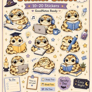 Study Buddy Python Sticker Sheet for GoodNotes | Kawaii Study Snake PNG | Cute Planner Stickers Digital Download