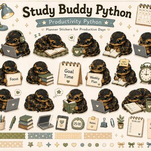 Study Buddy Python Sticker Sheet for GoodNotes | Productivity Python Black | Kawaii Study Snake PNG | Cute Planner Stickers Digital Download
