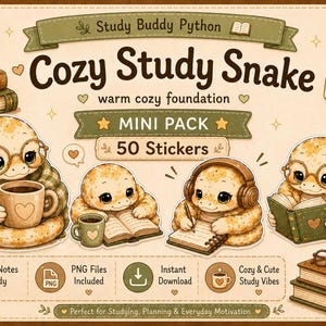 Gezellige studie slang planner stickers | GoodNotes-stickers | Leuke digitale stickers balpython | Gezellig studieplannerpakket | PNG en GoodNotes
