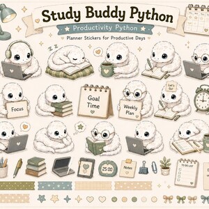 Study Buddy Python Sticker Blatt für GoodNotes | Produktivitepy Python BEL | Kawaii Studie Schlange PNG | Niedliche Planer Sticker Digital Download
