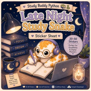 Study Buddy Python Sticker Blatt für GoodNotes | Späte Nachtstudie OD | Niedliche Planer Sticker Digital Download